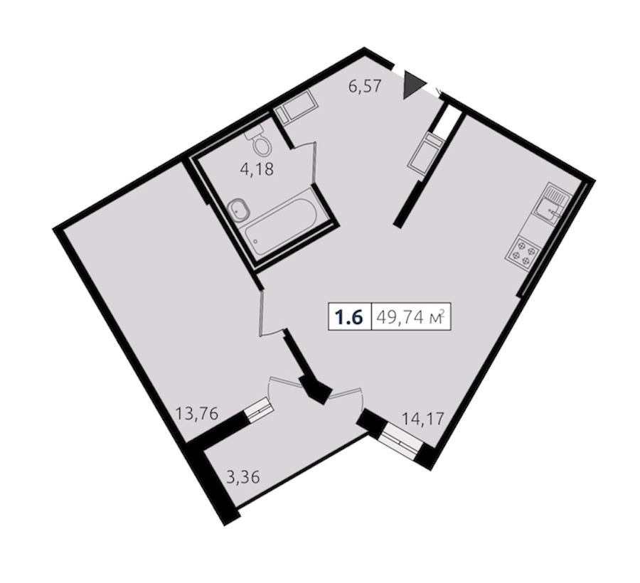 1-комнатная квартира 46.38 м², 12/14 эт., ЖК «Чёрная речка»